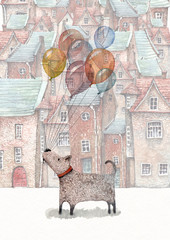 Fototapety  Akwarela przedstawiająca małego psa trzymającego balony, spacerującego po starym mieście pojawiającym się w tle.