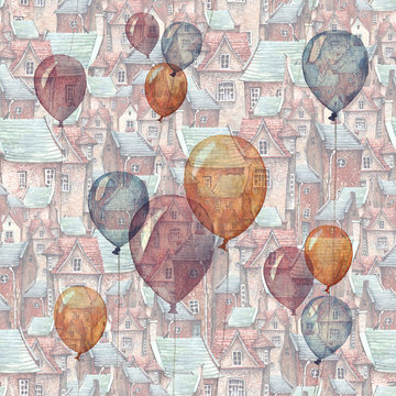 Fototapeta A seamless pattern with a watercolor illustration of balloons and an old town on the background. Roofs, European brick houses and flying balloons - romantic fairytale.