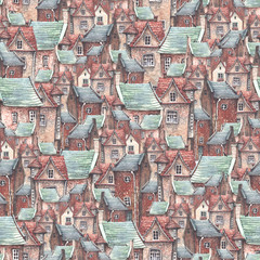 Obraz premium Seamless pattern of an old town with European brick houses and roofs. Romantic fairytale.