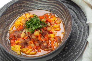 Plate of vegetable soup with meat
