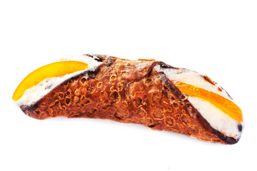 Sicilian Cannoli close up isolated on white  background, traditional italian dessert with ricotta cheese. Fresh Canolli, macro .