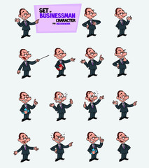 White businessman with glasses. Set of postures of the same character in different expressions. Sad, happy, angry ... Always showing, as in a presentation, the data you want.