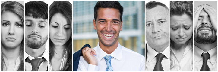 Happy man surrounded by depressed people