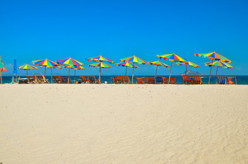 Sea,Island,umbrella,Thailand, Khai Island Phuket, Sun beds and sun umbrellas on a tropical beach