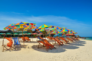 Sea,Island,umbrella,Thailand, Khai Island Phuket, Sun beds and sun umbrellas on a tropical beach