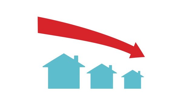Animation (with alpha channel) of a descending arrow and houses decreasing in size