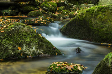 Waterfall falling on stones through autumn forest. Fall nature specification. Stones along and in...
