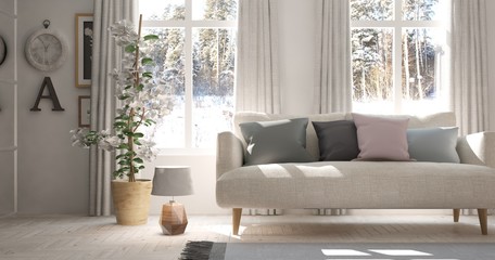 Idea of white minimalist room with sofa. Scandinavian interior design. 3D illustration