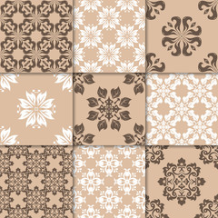 Brown beige floral ornaments. Collection of seamless patterns