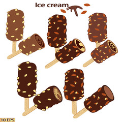 Classic Ice cream on a stick. Vector ice cream. Sundae. Chocolate ice cream. Sundae drizzled with chocolate. Dessert. The ice cream in chocolate with nuts. Sundae caramel. Vector illustration.