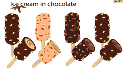 Classic Ice cream on a stick. Vector ice cream. Sundae. Chocolate ice cream. Sundae drizzled with chocolate. Dessert. The ice cream in chocolate with nuts. Sundae caramel. Vector illustration.
