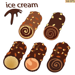 Classic ice cream. Chocolate ice cream. Sundae bowl and Ice cream balls with chocolate. Dessert. Ice caramel cream drizzled with chocolate. Vector illustration.