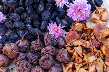 Dry prunes, apples, pears need for cooking compote. Top view.