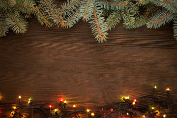 Christmas ornaments on a table in the snow with nice festive background Xmas illuminations