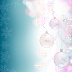 Three Christmas baubles hanging, on a shiny blue background
