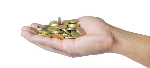 Male hand holding golden coins. Saving, money, finance donation, giving and bussiness concept....