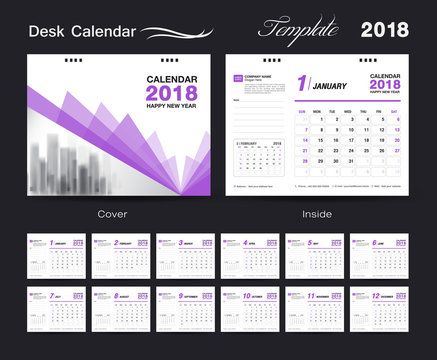 Desk Calendar for 2018 Year, Vector Design Print Template, purple cover design, advertisement