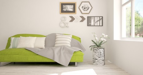 Idea of white minimalist room with green sofa. Scandinavian interior design. 3D illustration
