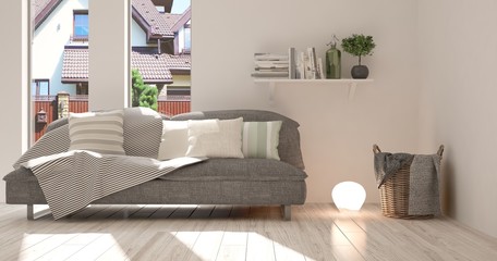 Idea of white minimalist room with sofa. Scandinavian interior design. 3D illustration
