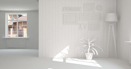 White empty room. Scandinavian interior design. 3D illustration