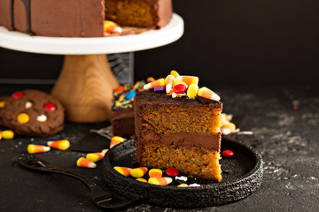 Halloween chocolate cake with candy on top