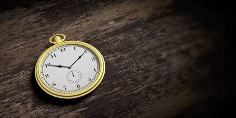 Pocket watch isolated on wooden background. 3d illustration