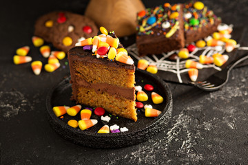 Halloween chocolate cake with candy on top