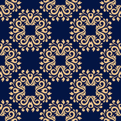 Seamless blue pattern with golden wallpaper ornaments