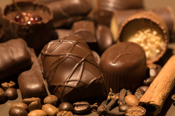Chocolate composition on brown plate