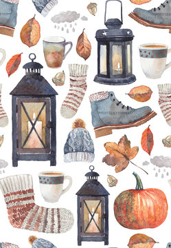 Seamless pattern with painted objects about autumn. Warm clothes, lanterns with lighted candles, autumn leaves and pumpkins. True autumn coziness