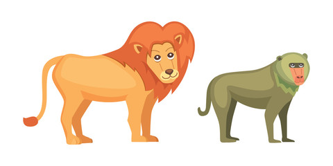 Baboon monkey and lion savanna animals in cartoon style