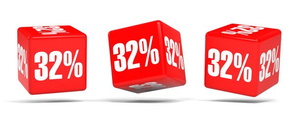 Thirty two percent off. Discount 32 %. Red cubes.