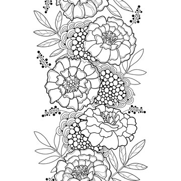 Vector seamless pattern with outline Tagetes or Marigold flower and leaves in black on the white background. Monochrome floral pattern in contour style for summer design and coloring book.