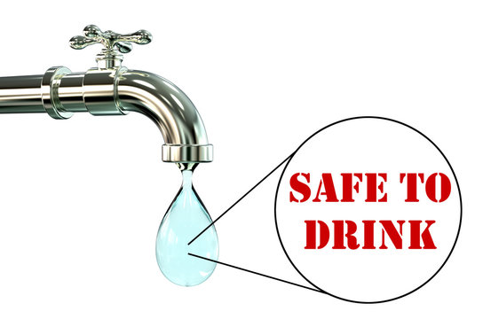 Safety Of Drinking Water Concept, 3D Illustration Showing Tap With Clear Water And View Under Microscope With Words Safe To Drink