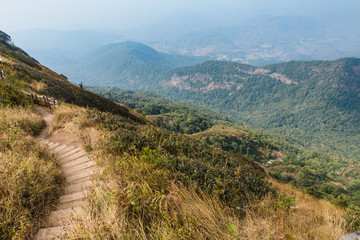 Naklejka premium Mountain with golden grass and green shrub with many mountains with fog in background at Kew Mae Pan Mountain Ridge in Chiang Mai, Thailand.