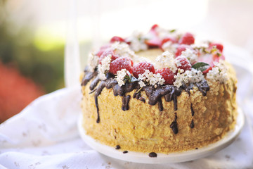 honey cake, decorated with berries and chocolate. sweet family dinner. holiday cake. on the balcony breakfast