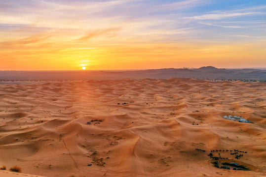Sunrise in Erg Chebbi Sand dunes near Merzouga, Morocco