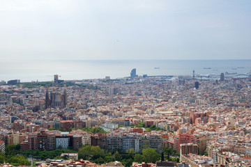BARCELONA, SPAIN - AUG 30th, 2017: wide angle of barcelona shot from the bunkers de carmel offering amazing panoramic views over the city skyline