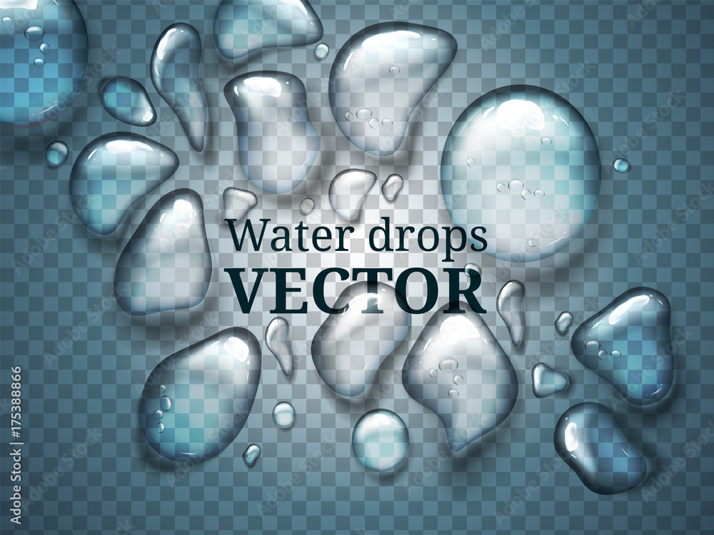 Aufkleber Realistic drops of water, liquid on blue transparent background with transparency effect. Drops can be applied on any color background or object