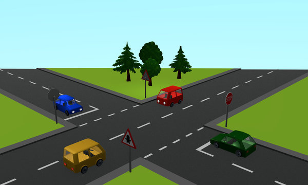 Verkehrssituation: vier Autos an einer Kreuzung mit Vorfahrt- und Stoppschild