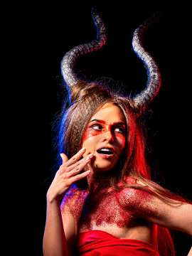Mad satan woman on black magic ritual of in hell. Witch reincarnation mythical creature on Sabbath. Devil absorbing soul Halloween. Zodiac Capricorn Aries, Taurus astrology. Astral travel.