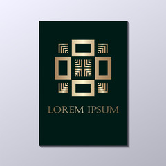 Brochure with golden ornamental logo. Template for design. Vector illustration eps10