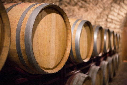 Fototapeta Wine barrels in the a wine cellar