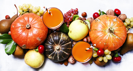 Pumpkin juice, autumn harvest of vegetables, food background, thanksgiving concept, top view