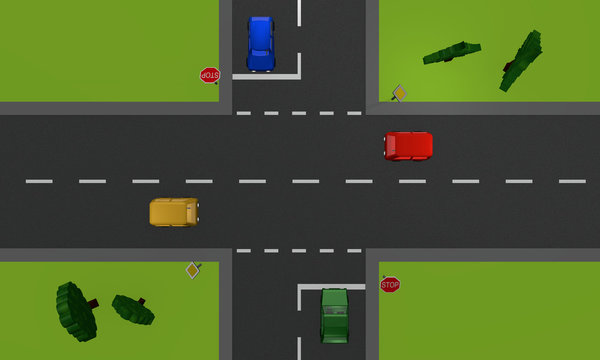 Verkehrssituation: vier Autos an einer Kreuzung mit Stoppschild. Ansicht von oben