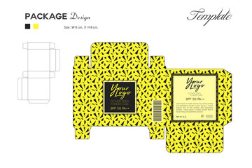 package puff powder skin color, box outline, Yellow background, memphis pattern, flyer template layout, cosmetics, spa, beauty, vector illustration