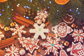 christmas gingerbread baked cookies with fir tree - christmas traditional food, retro toned