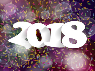 Happy New Year 2018 background decoration. Greeting card design template with confetti. Vector illustration of date 2018 year.