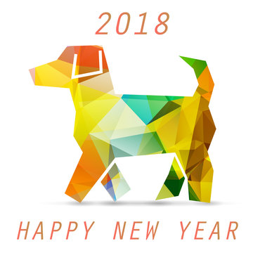 Yellow dog in origami style icon. 2018 new year symbol. Celebration white background with dog and place for your text