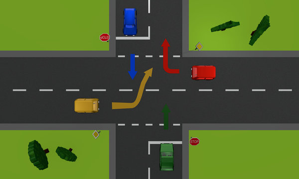 Verkehrssituation: vier Autos an einer Kreuzung mit Stoppschild und Richtungspfeilen. Ansicht von oben